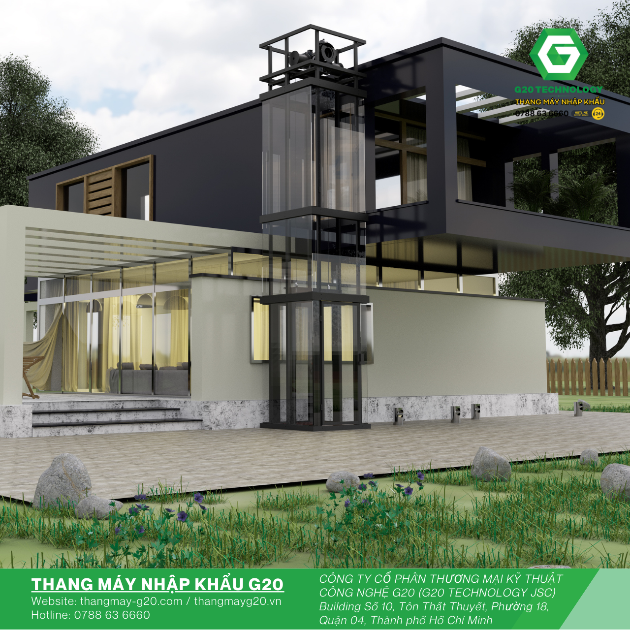 Cầu thang máy kính gia đình hình vuông