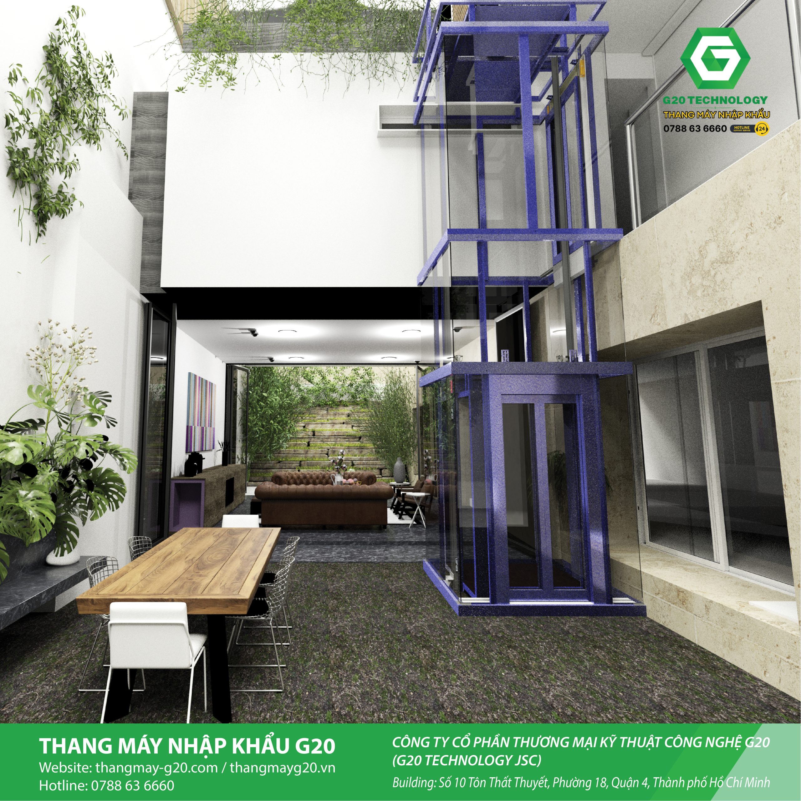 Cầu thang máy kính vuông cửa 2 cánh tự động